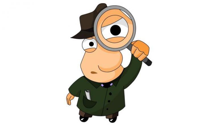 Cartoon detective looking through magnifying glass